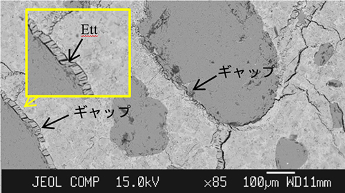 写真-1　骨材周囲のギャップとエトリンガイト img